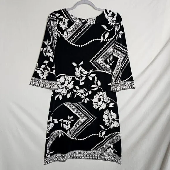 WHITE HOUSE BLACK MARKET 3/4 Sleeve Dress BLACK & WHITE FLORAL size S Abstract - Picture 6 of 7
